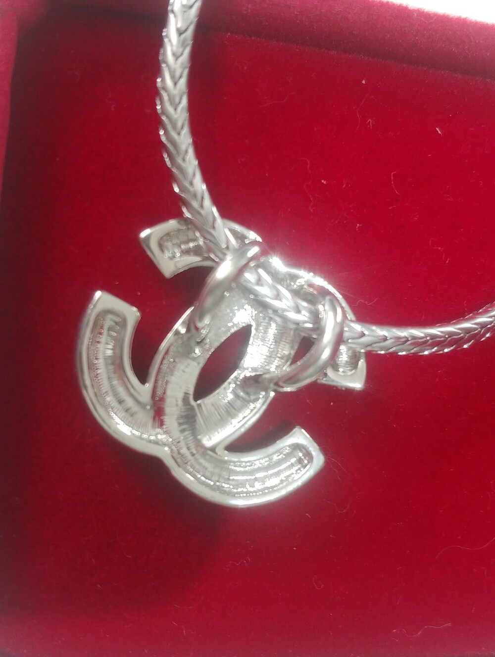 Designer-Inspired Silver Crystal Interlocking Pendant Necklace - Picture 3 of 8